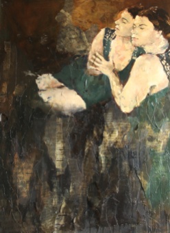 a painting of a mature woman leaning into her reflection, surround by text full of redactions and obscured by paint